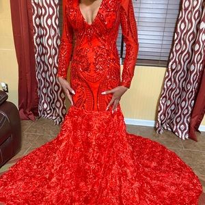 Sequins Mermaid Long Sleeve Red 3D Rose Trail